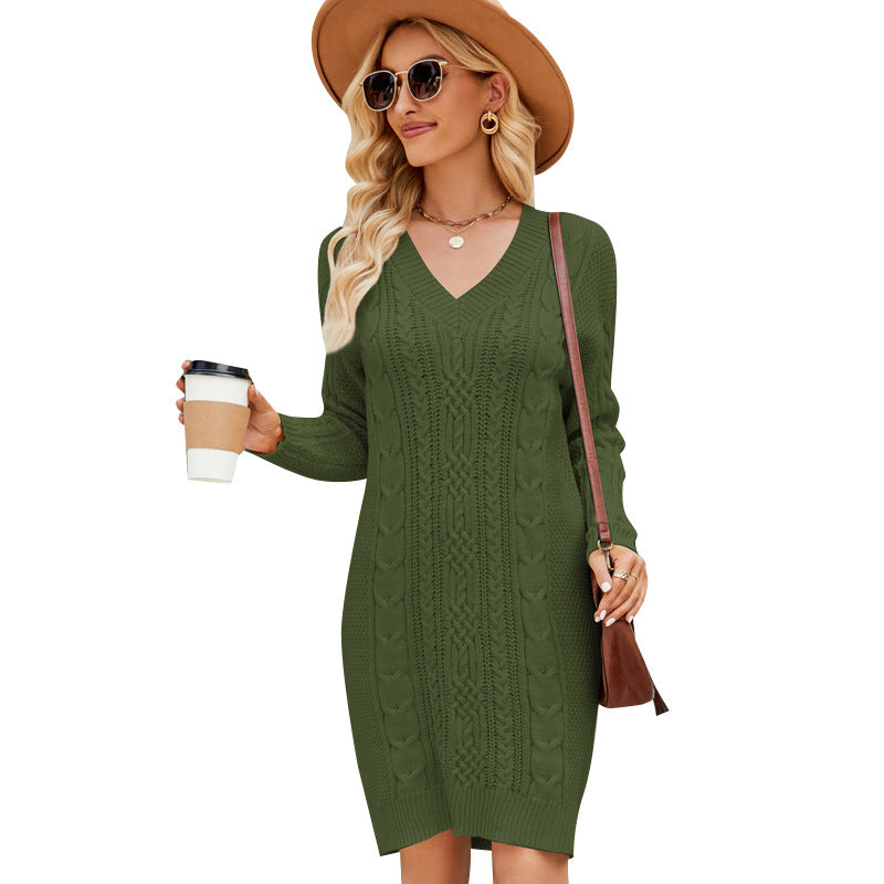 Strickkleid Damen mit V-Ausschnitt – Dunkelgrün