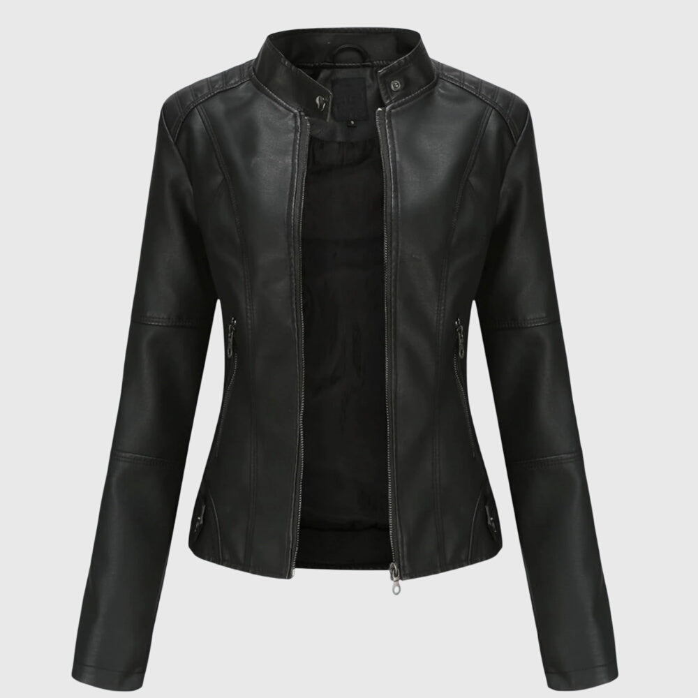 Kunstlederjacke Damen mit Stehkragen in Schwarz
