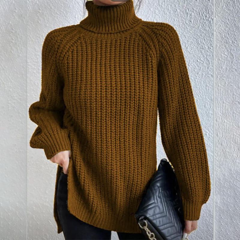 Rollkragenpullover Damen mit Seitenschlitz – Dunkelbraun