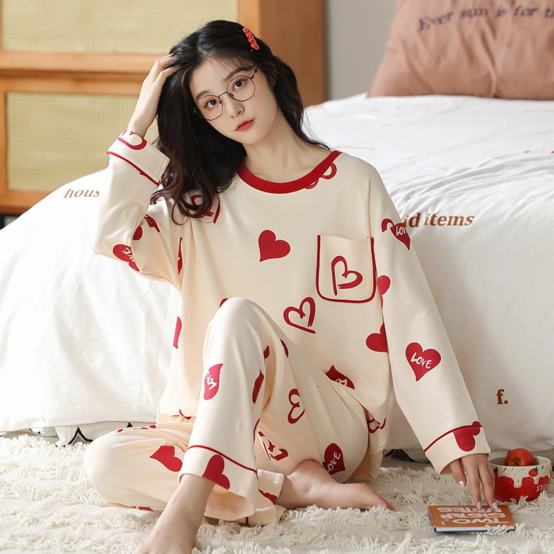 Pyjama Damen langarm mit Print – Creme mit Herzen