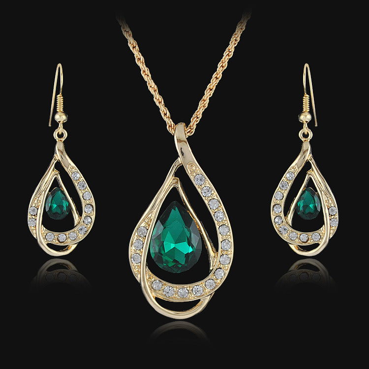 Kette & Ohrringe Damen mit Tropfen-Kristall – Grün