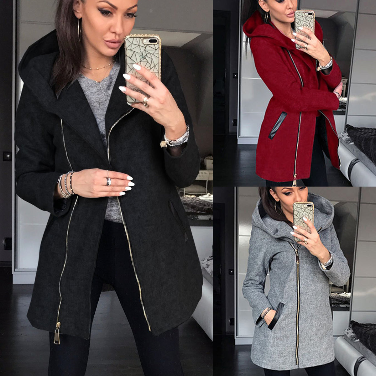 Fleece-Kapuzenjacke mit seitlichem Reißverschluss