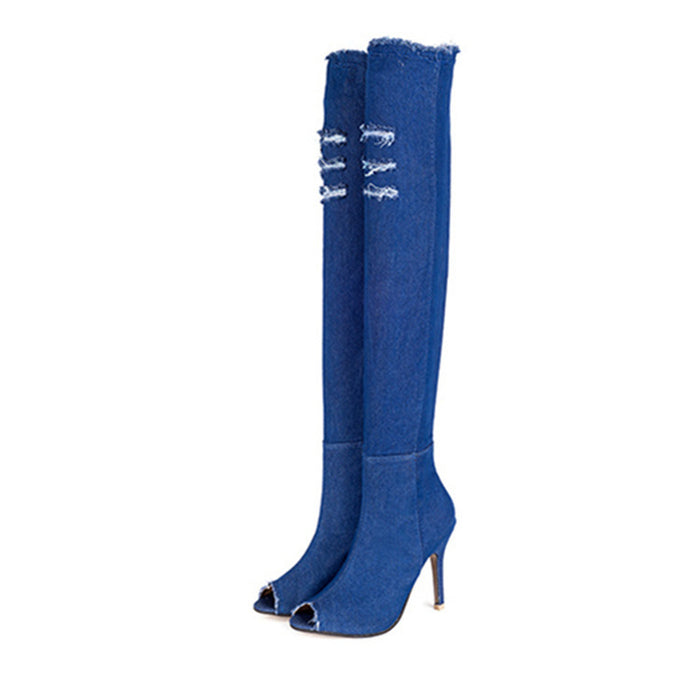 Kniestiefel Damen in Jeansoptik – Marineblau