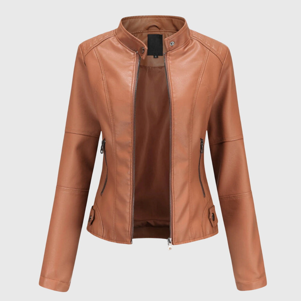 Kunstlederjacke Damen mit Stehkragen in Cognac