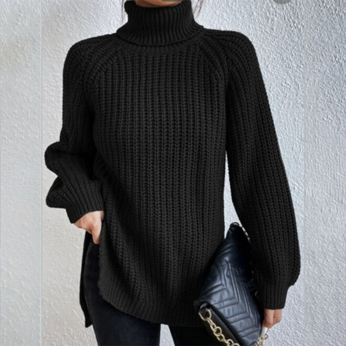 Rollkragenpullover Damen mit Seitenschlitz – Schwarz