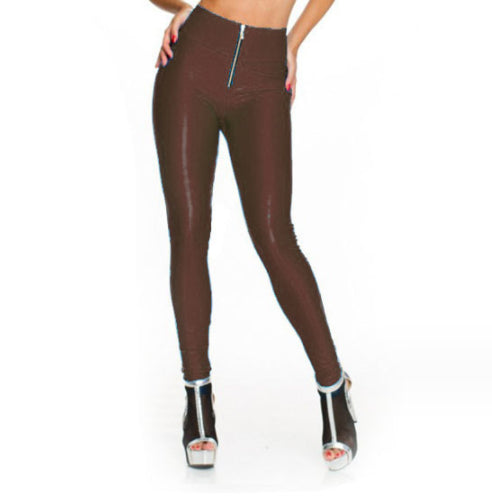 Kunstleder Leggings Damen mit Reißverschluss – Kaffeebraun