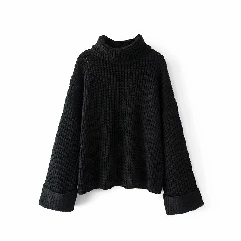 Waffelstrick Pullover Damen – Schwarz