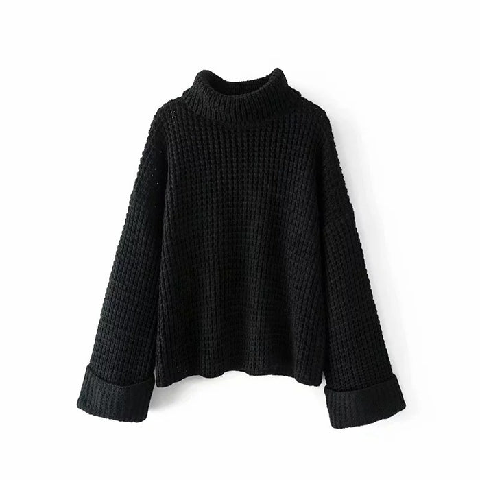 Waffelstrick Pullover Damen – Schwarz