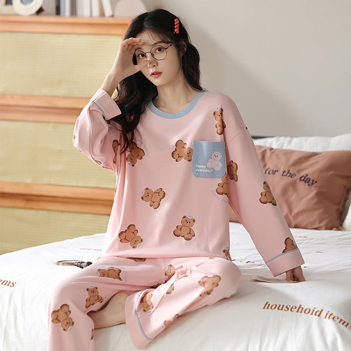 Pyjama Damen langarm mit Print – Rosa mit Bären