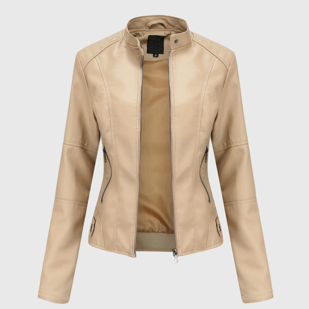Kunstlederjacke Damen mit Stehkragen in Beige