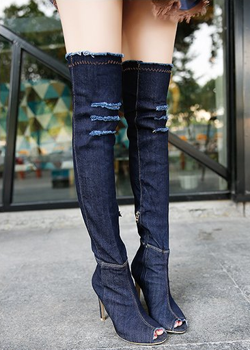 Kniestiefel Damen in Jeansoptik – Dunkelblau