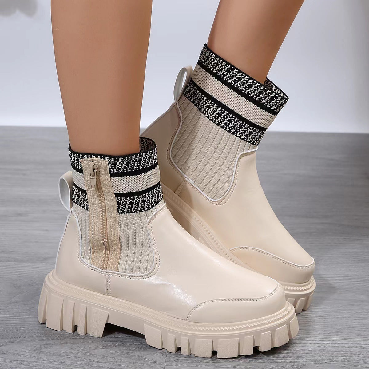 Boots Damen mit Strickschaft – Beige