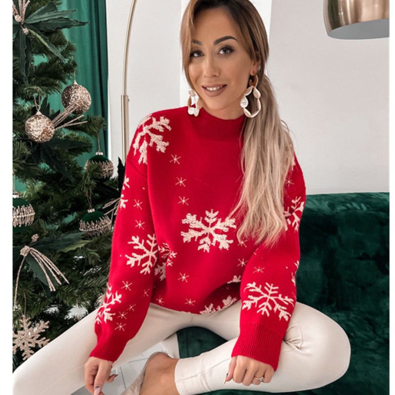 Weihnachtspullover Damen mit Schneeflocken – Rot