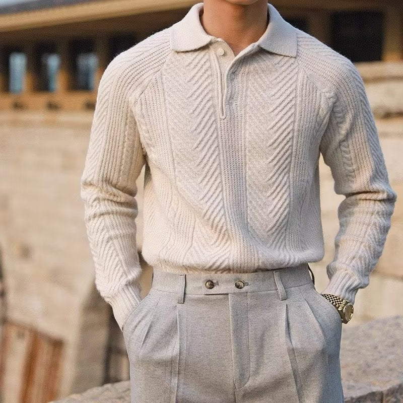 Strickpullover Herren mit Polokragen – Aprikose