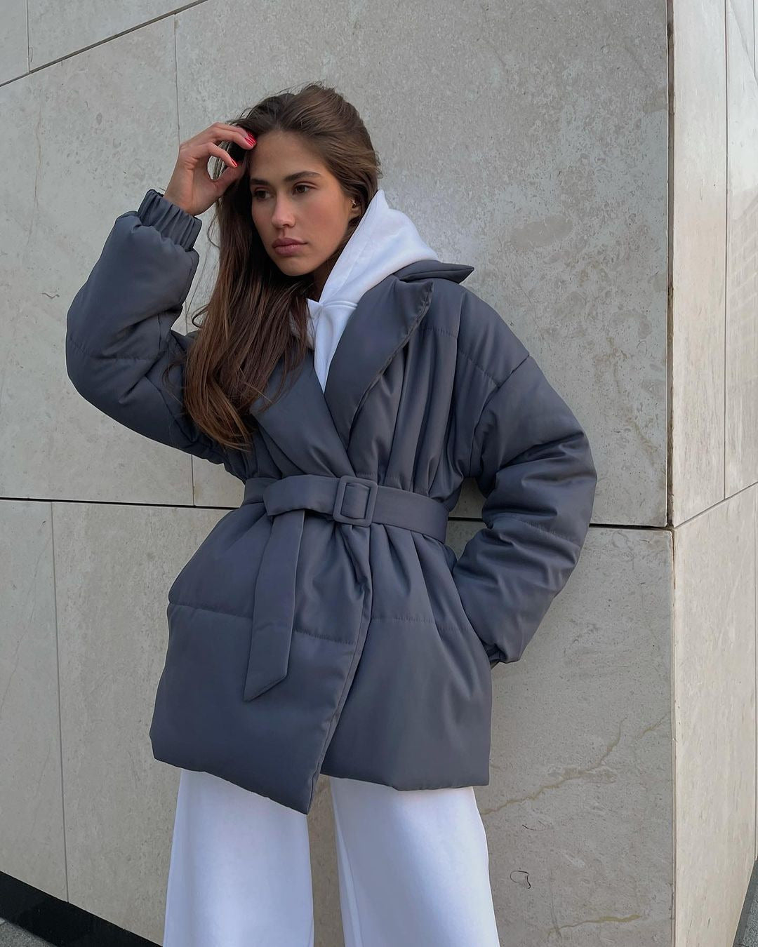 Steppmantel Damen mit Gürtel – Schiefergrau