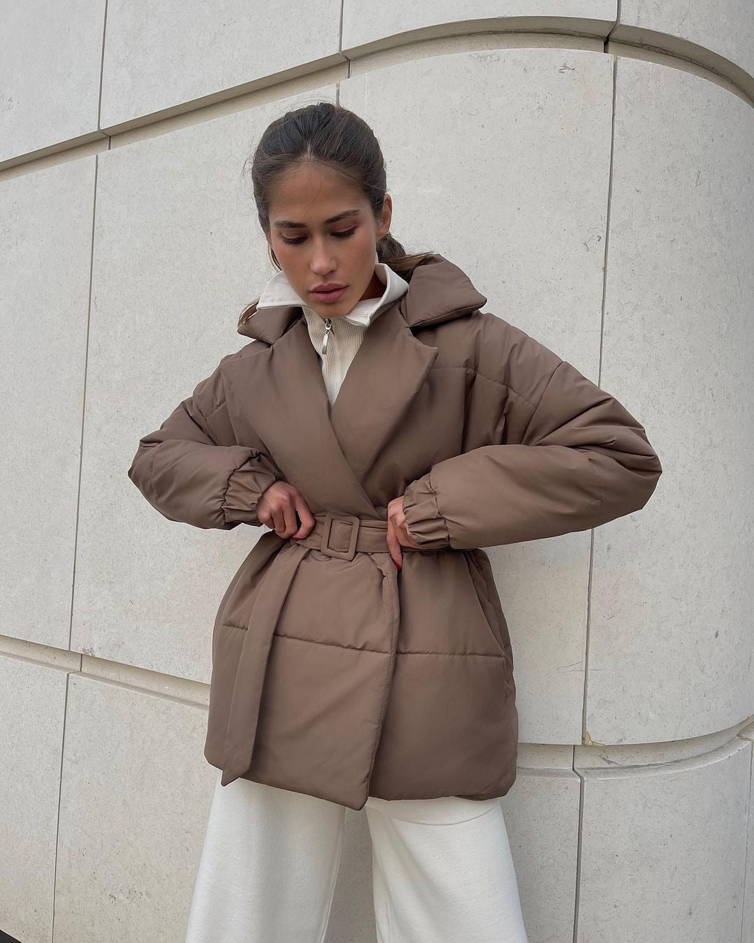 Steppmantel Damen mit Gürtel – Camel