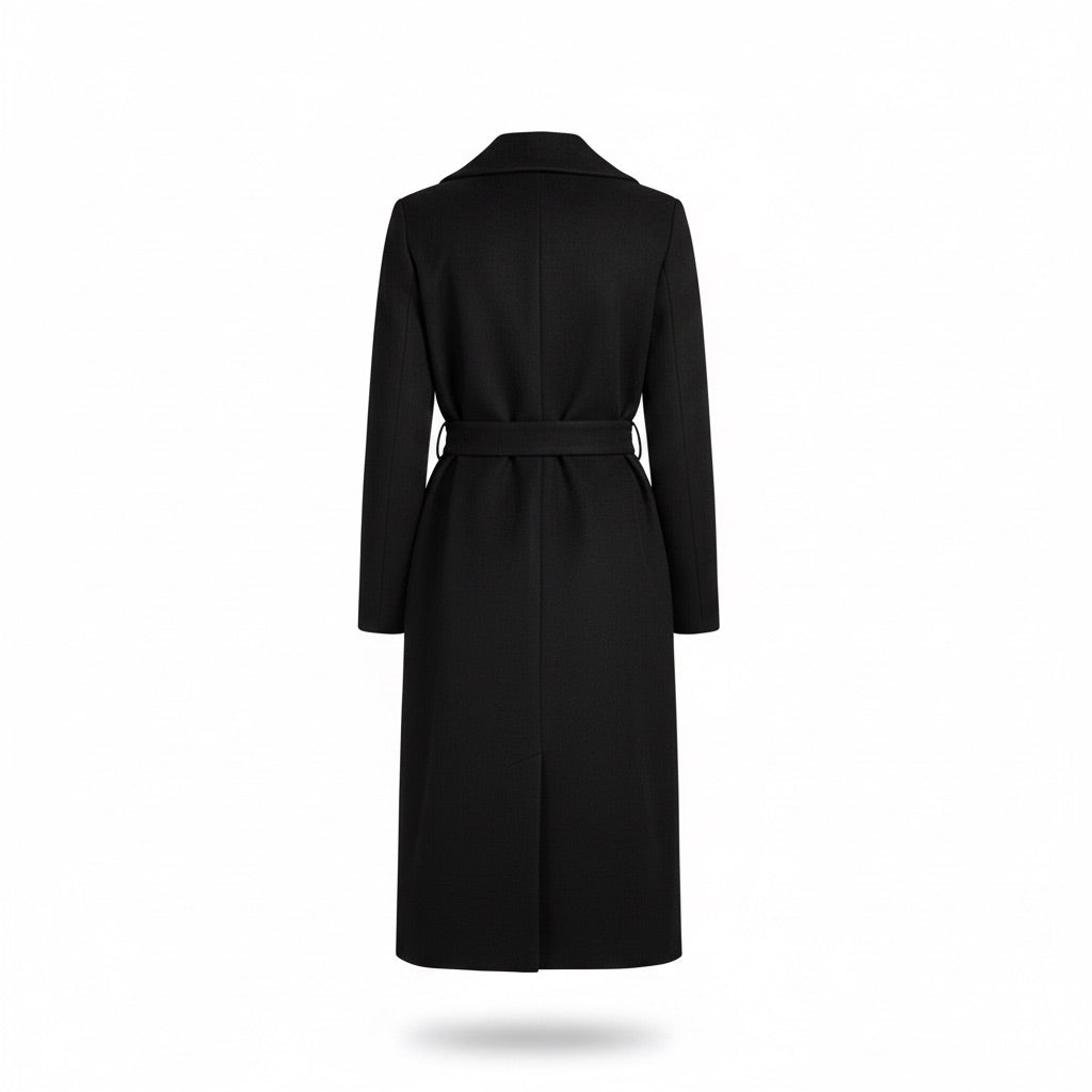 Mantel Damen lang Zweireiher mit Gürtel – Eleganter Wintermantel – Rückansicht