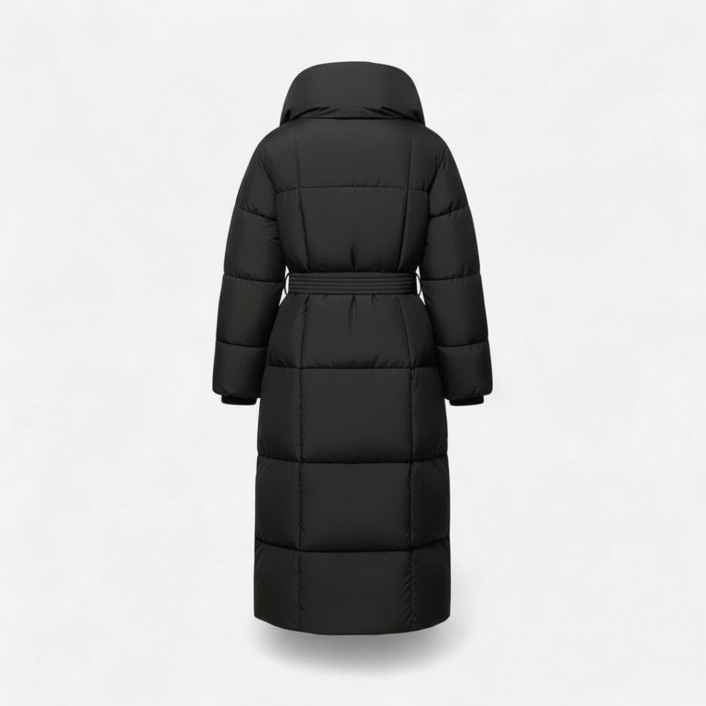 Damen Langer Steppmantel mit Gürtel Winterjacke – Rückansicht