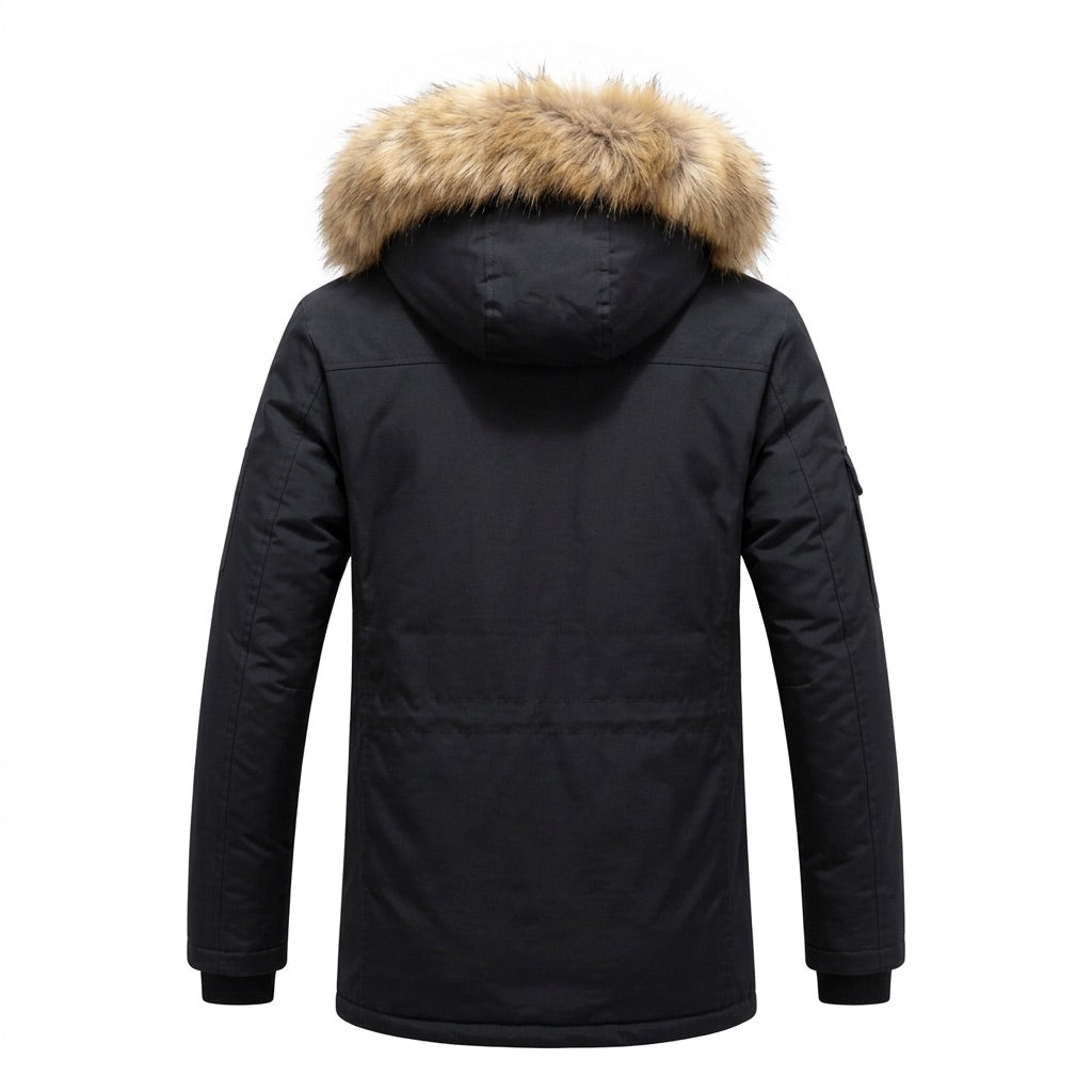 Winterparka Herren mit Kunstfell-Kapuze – Gefütterte Winterjacke – Rückansicht
