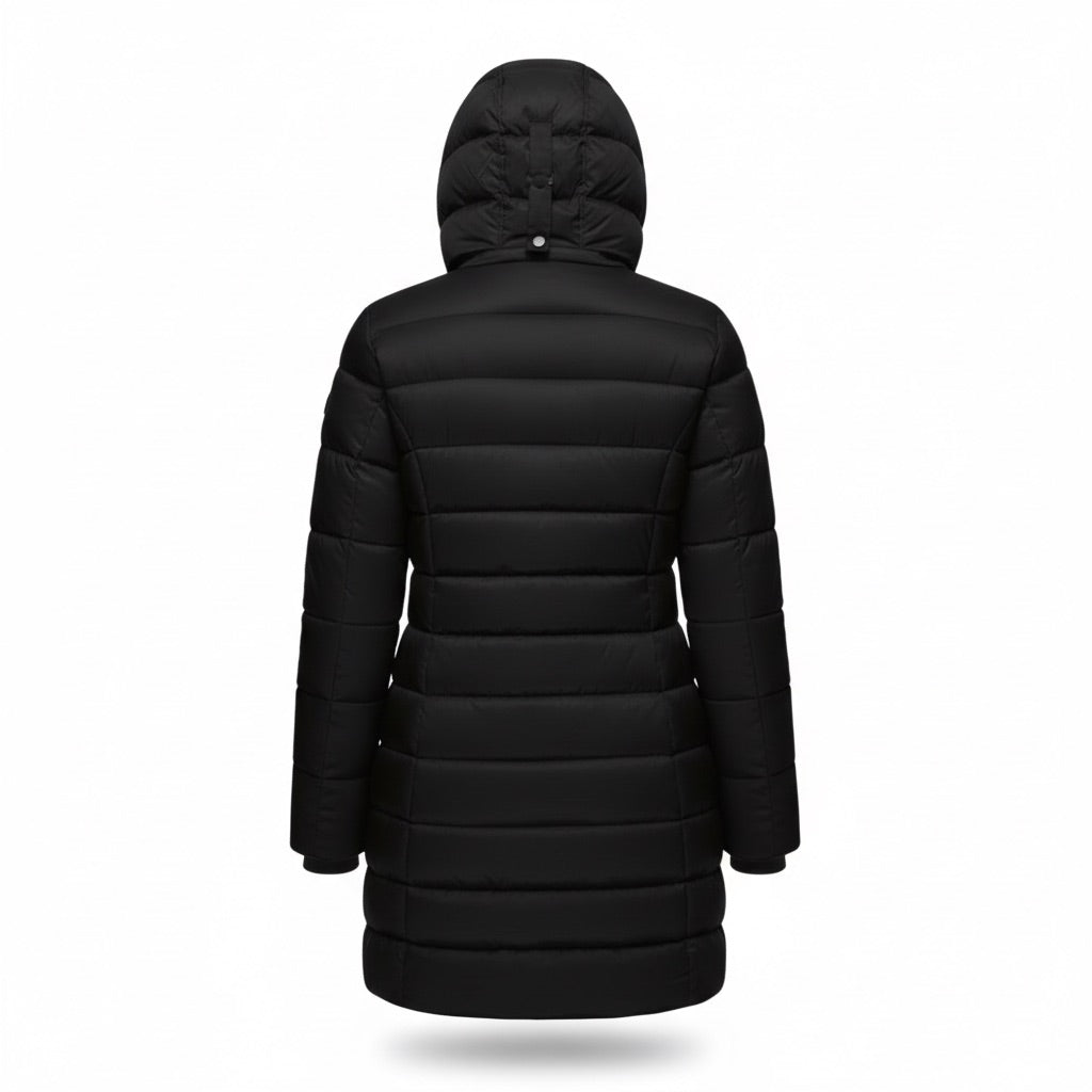 Parka Damen lang gesteppt mit Kapuze – Warme Winterjacke – Rückansicht