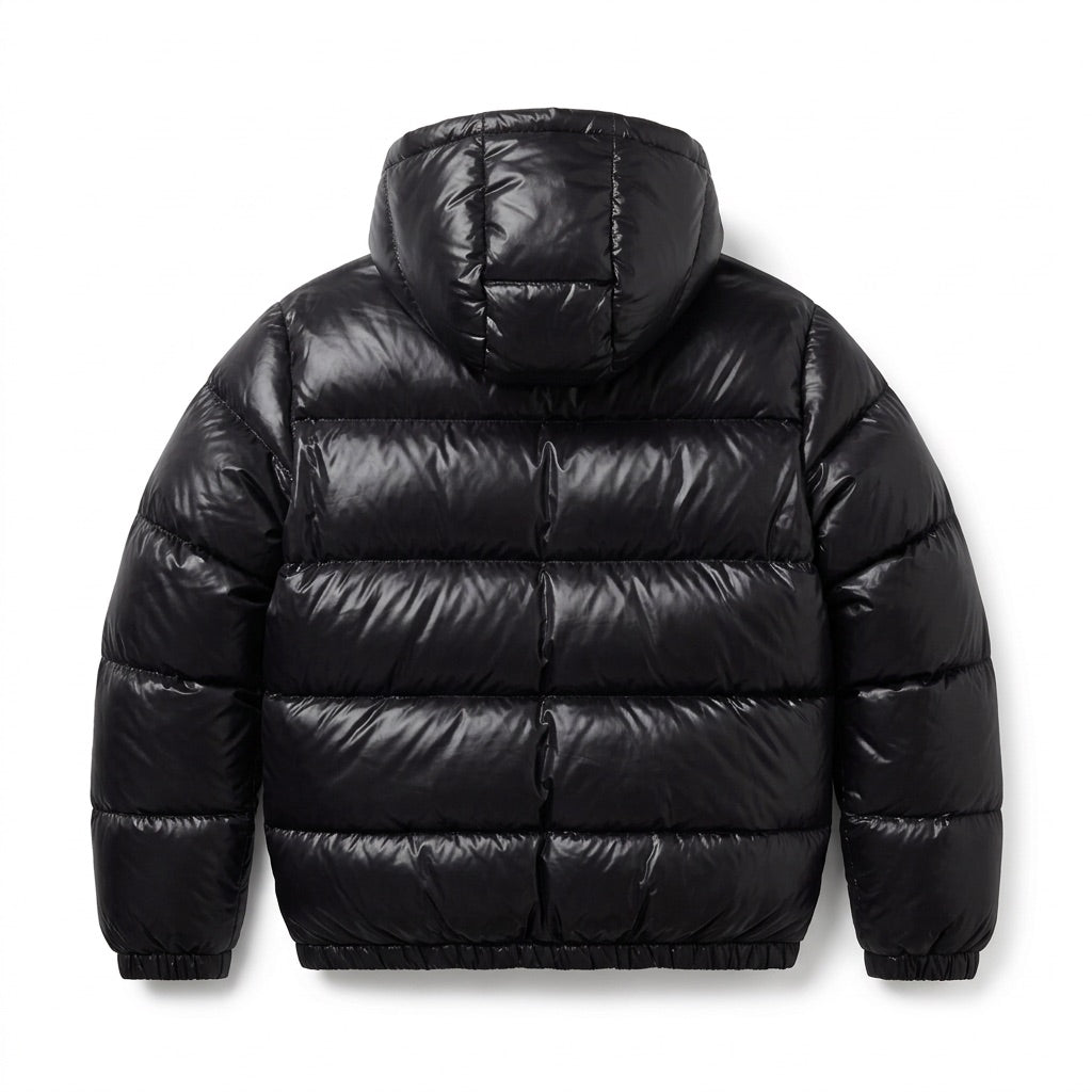 Pufferjacke Herren glänzend mit Kapuze – Warme Winterjacke – Rückansicht