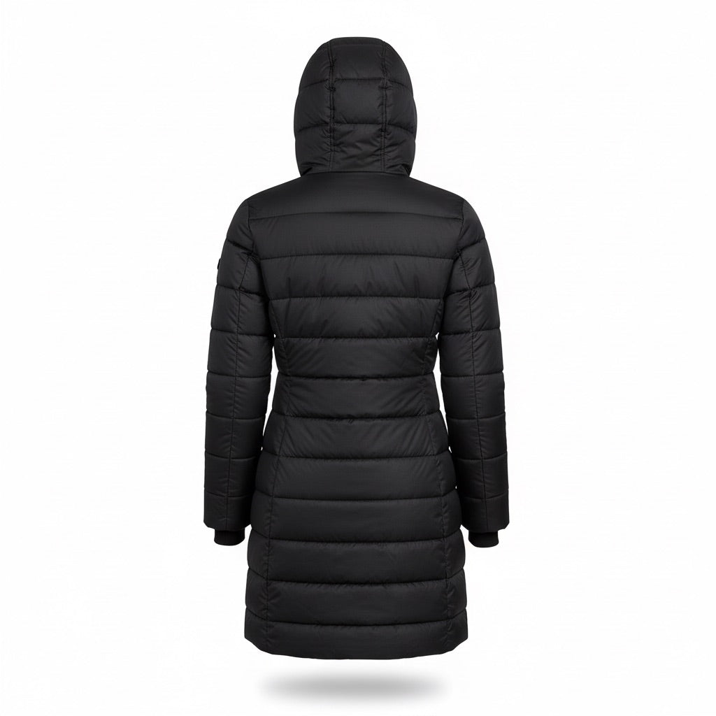 Winterjacke Damen lang mit Kapuze – Taillierter Steppmantel – Rückansicht