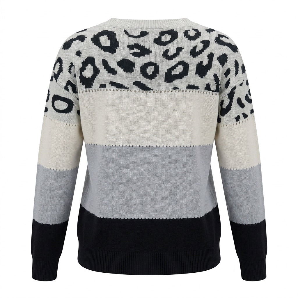 Strickpullover Damen mit Leomuster – Colour-Block – Rückansicht