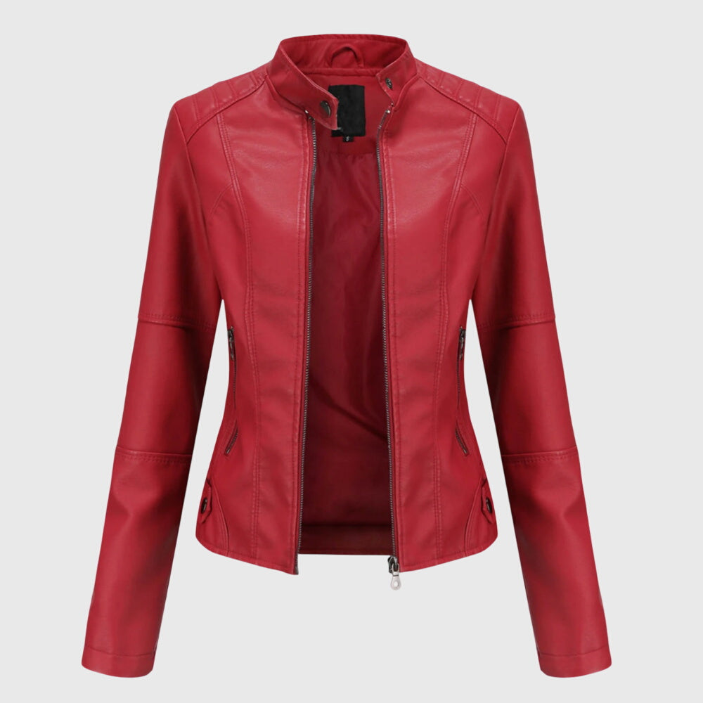 Kunstlederjacke Damen mit Stehkragen in Rot