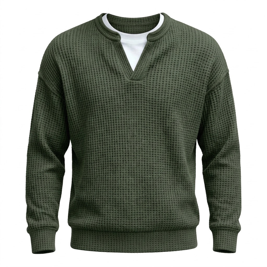 Waffelpullover Herren mit Schlitzausschnitt – Lässiger Pullover – Armeegrün – Vorderansicht