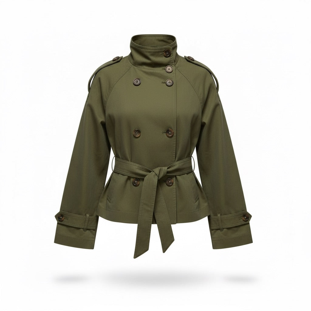 Trenchcoat Damen kurz mit Bindegürtel – Zweireihige Übergangsjacke – Armeegrün – Vorderansicht