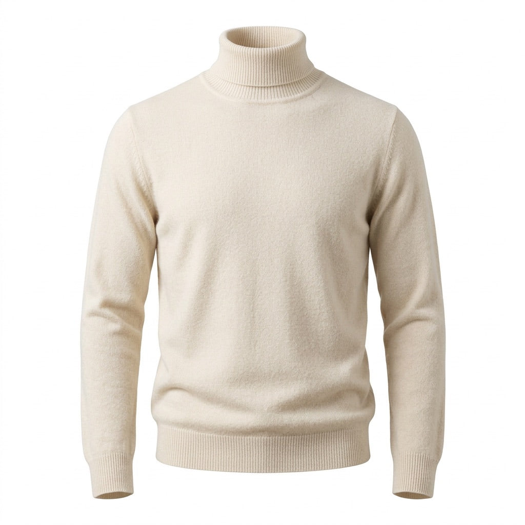 Rollkragenpullover Herren Feinstrick – Zeitloser Basic Pullover – Beige – Vorderansicht