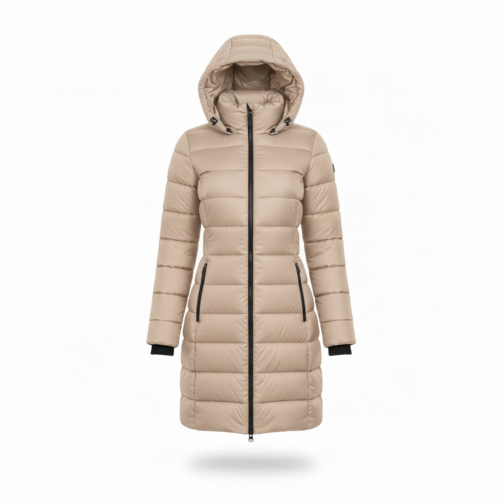 Winterjacke Damen lang mit Kapuze – Taillierter Steppmantel – Beige – Vorderansicht