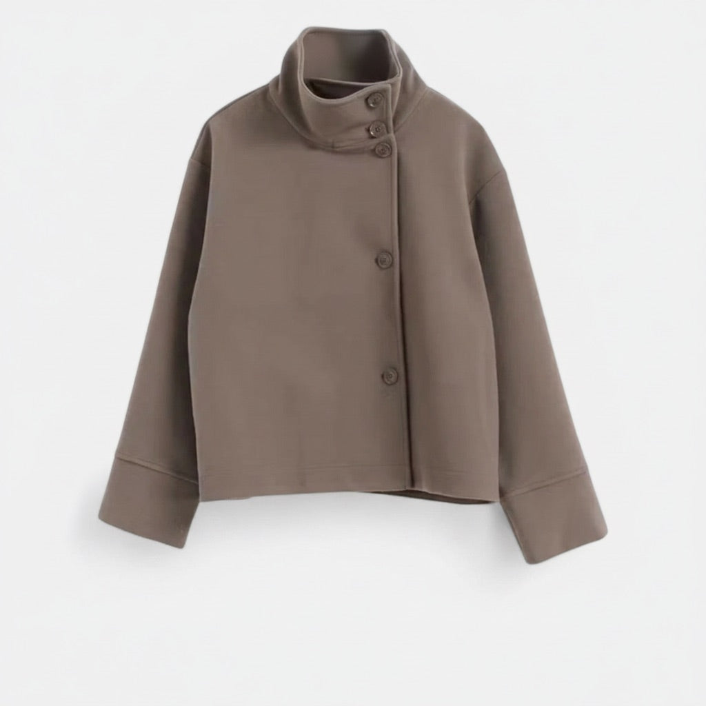 Kurzmantel Damen mit Stehkragen – Kurze Jacke mit Knopfleiste – Beige – Vorderansicht