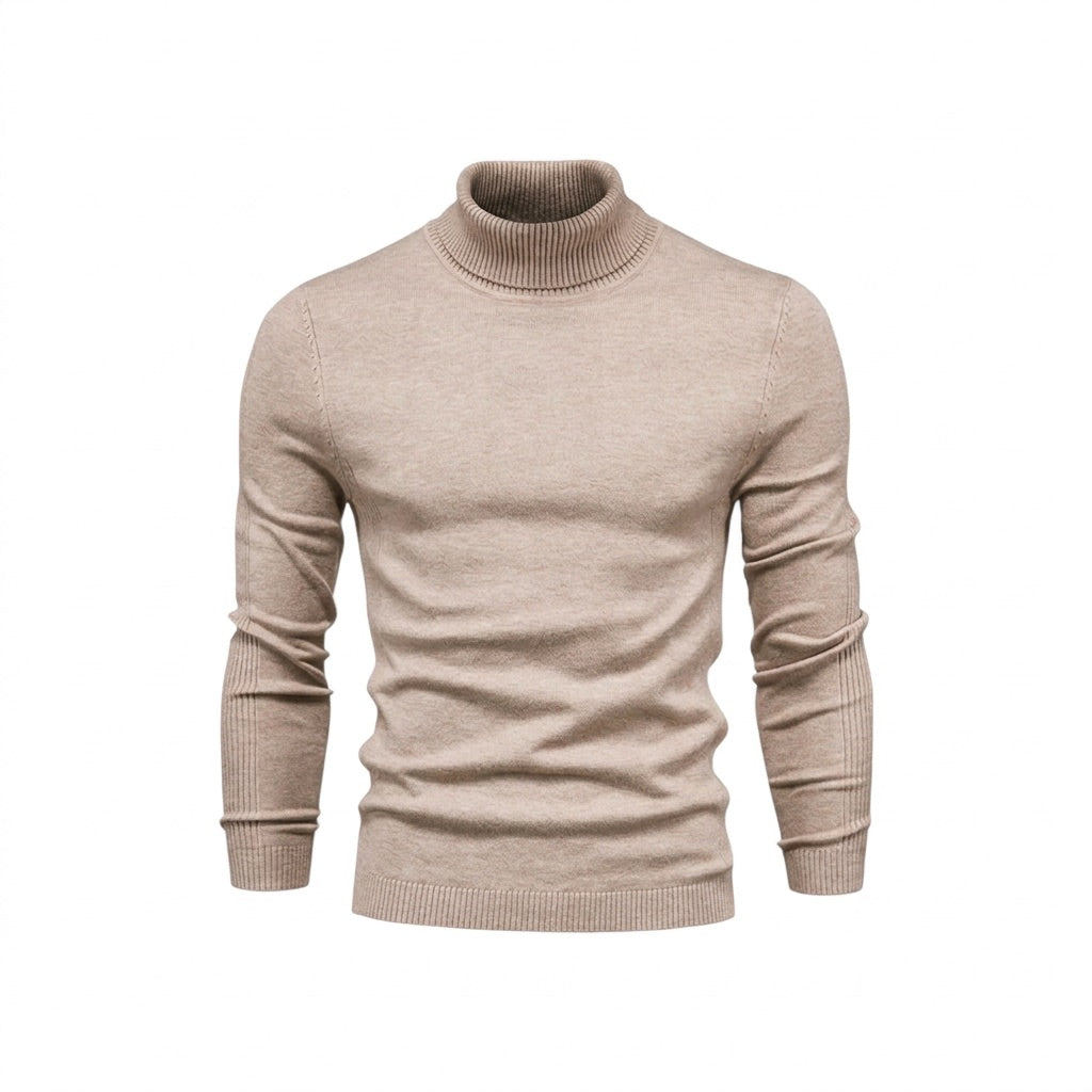 Rollkragenpullover Herren Basic – Leichter Strickpullover Slim – Beige – Vorderansicht