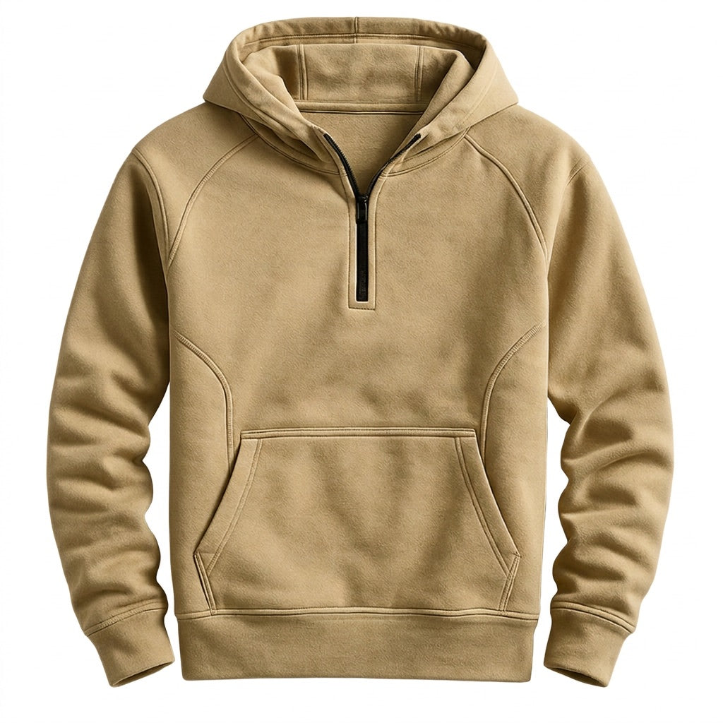 Kapuzenpullover Herren mit Half Zip – Hoodie mit Kängurutasche – Beige – Vorderansicht