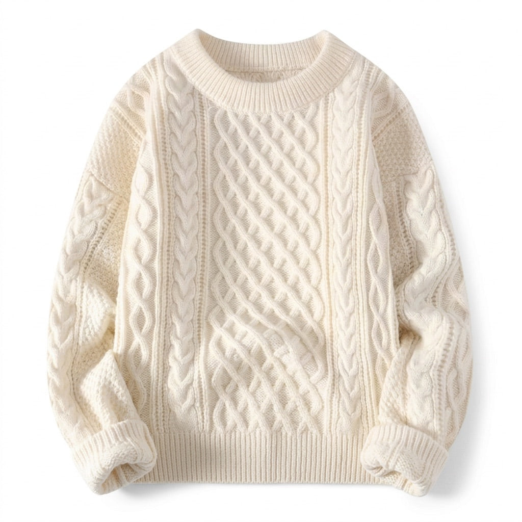 Zopfstrick Pullover Herren Rundhals – Warmer Grobstrick Pullover – Beige – Vorderansicht