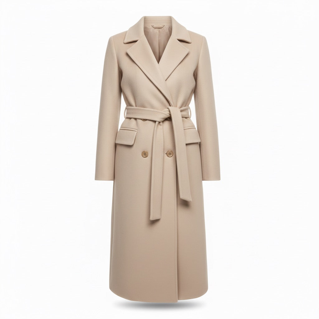 Mantel Damen lang Zweireiher mit Gürtel – Eleganter Wintermantel – Beige – Vorderansicht