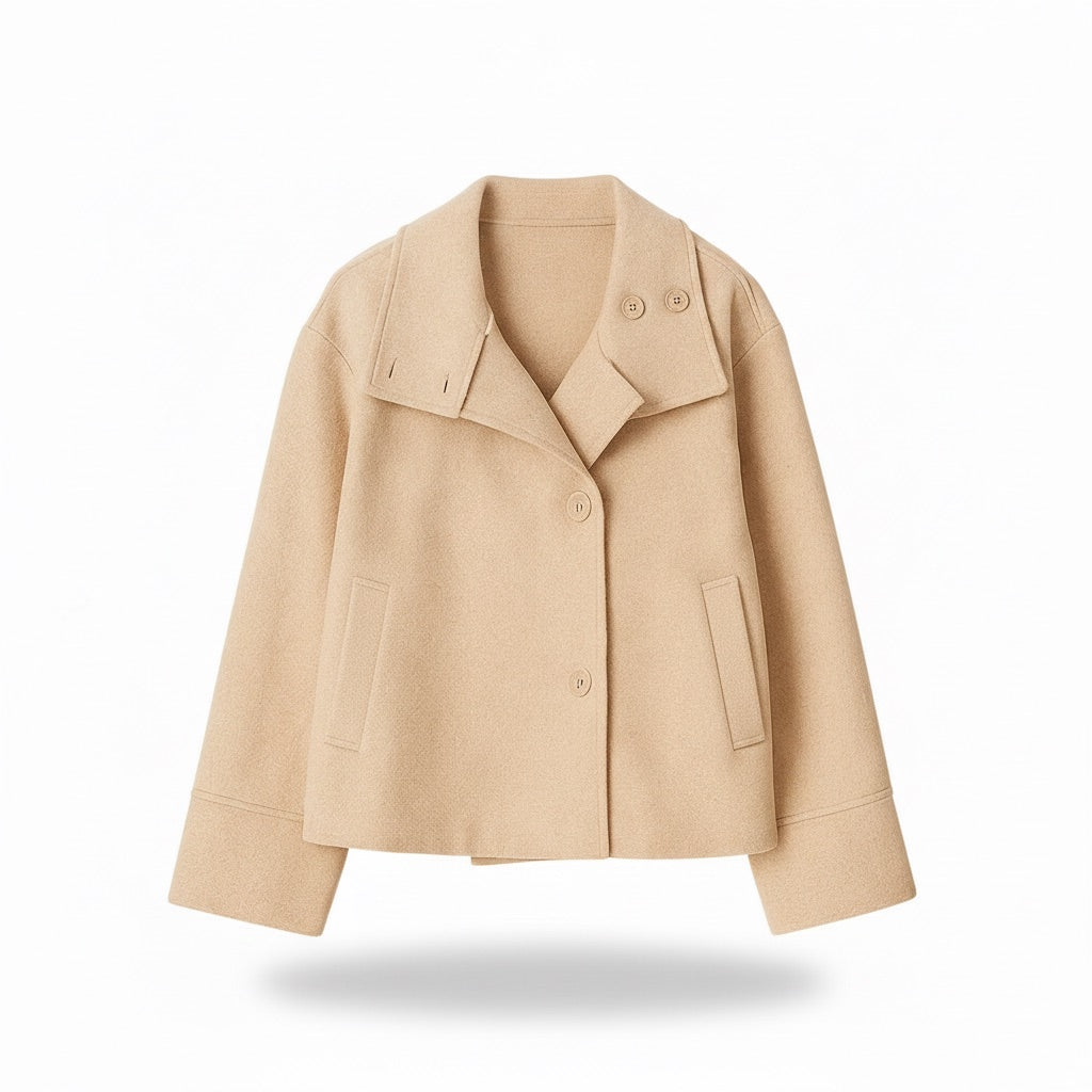 Kurzer Mantel Damen mit Stehkragen – Oversize Kurzjacke – Beige – Vorderansicht
