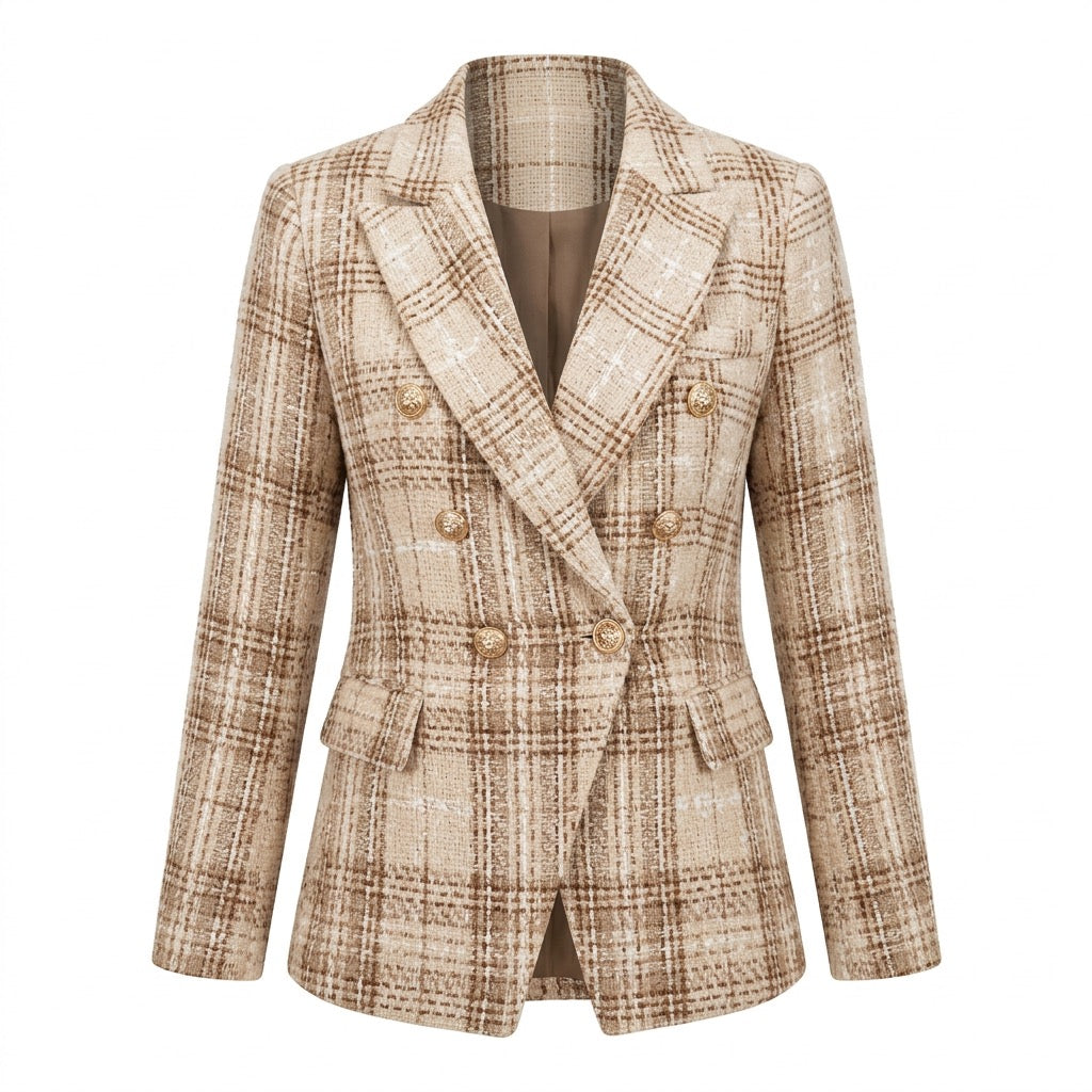 Karierter Blazer Damen – tailliert, zweireihig – Beige kariert – Vorderansicht