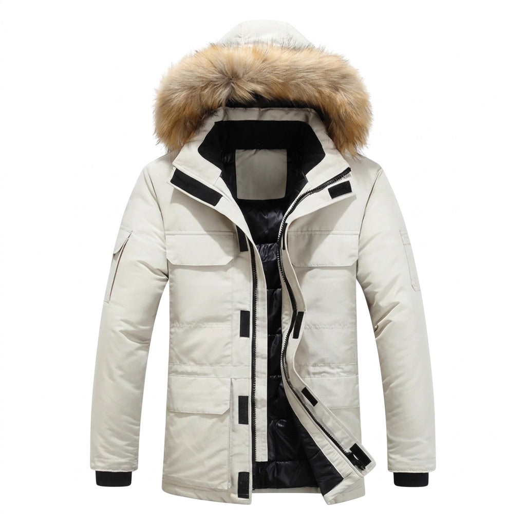 Winterparka Herren mit Kunstfell-Kapuze – Gefütterte Winterjacke – Weiß – Vorderansicht
