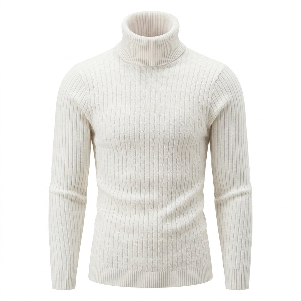 Rollkragenpullover Herren mit Zopfmuster – Warmer Strickpullover – Weiß – Vorderansicht