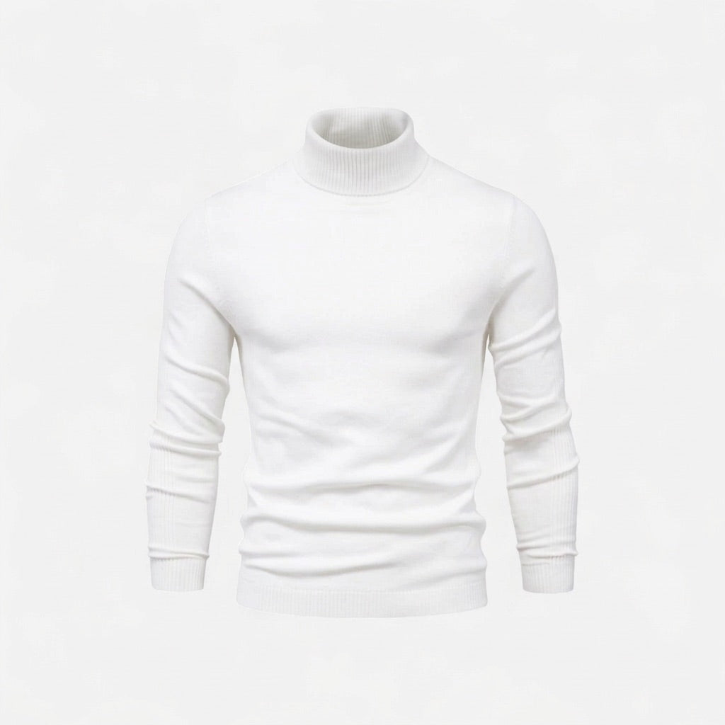 Rollkragenpullover Herren Basic – Leichter Strickpullover Slim – Weiß – Vorderansicht