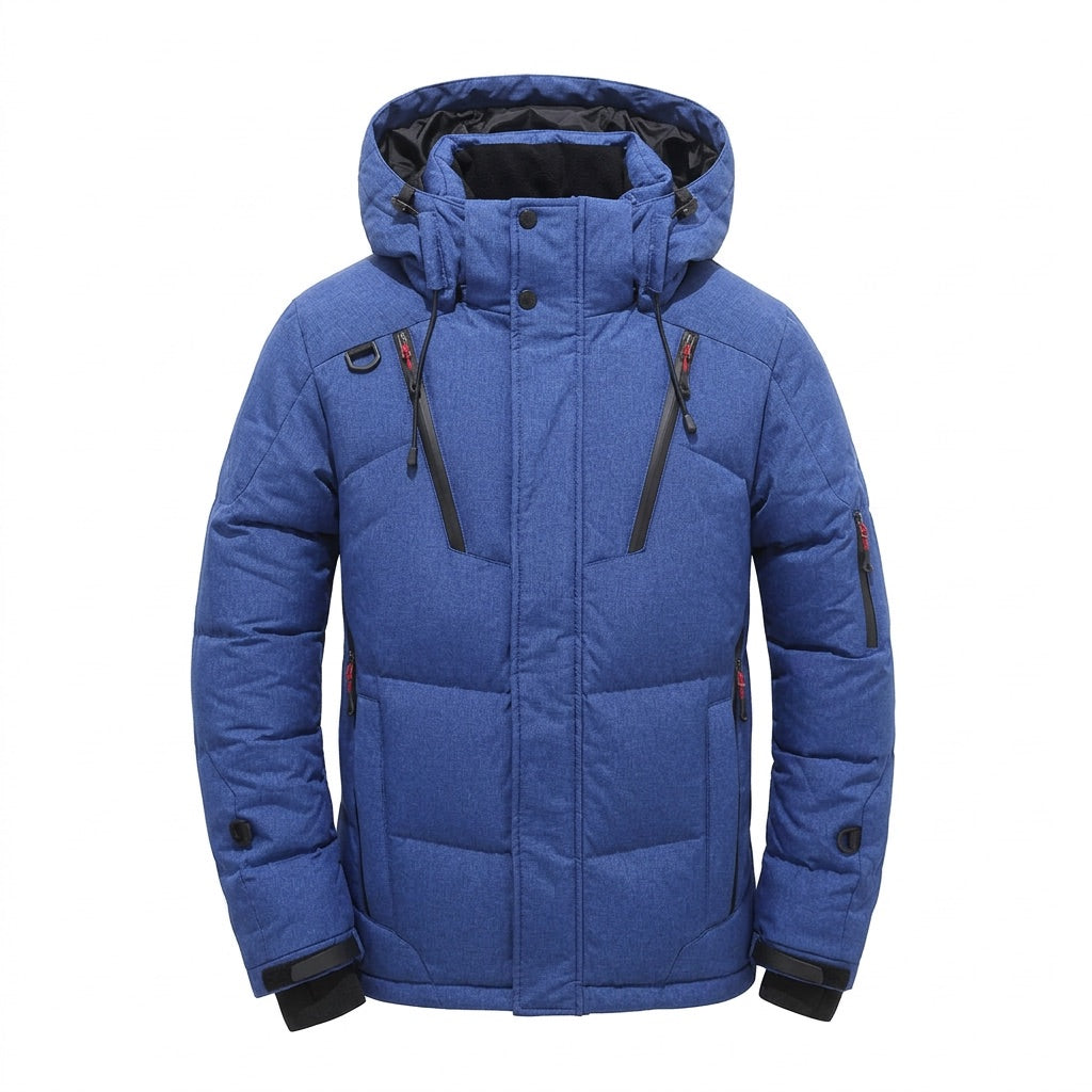 Winterjacke Herren gesteppt mit Kapuze – Warme Pufferjacke – Blau – Vorderansicht