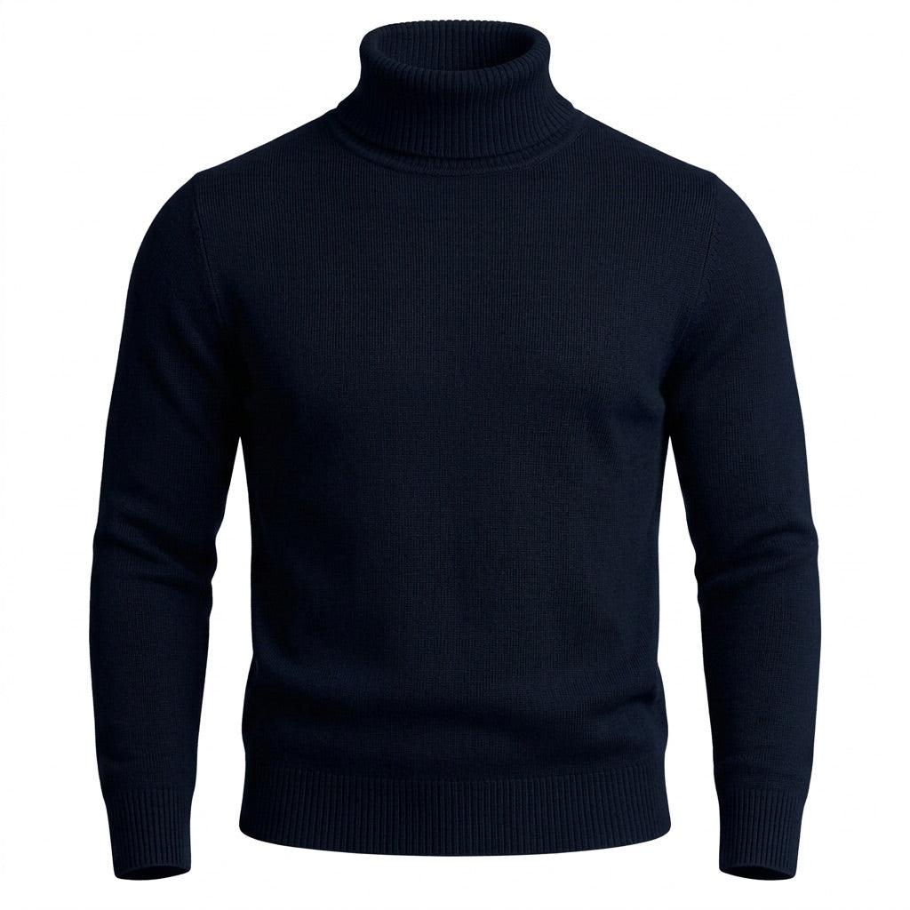 Rollkragenpullover Herren – Klassischer Pullover mit Rippbündchen – Blau – Vorderansicht