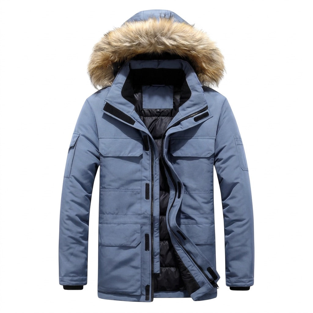 Winterparka Herren mit Kunstfell-Kapuze – Gefütterte Winterjacke – Graublau – Vorderansicht