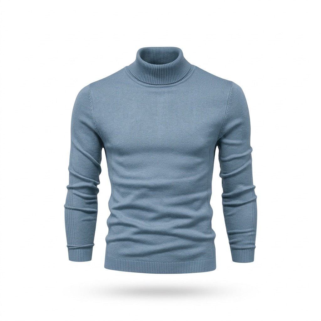 Rollkragenpullover Herren Basic – Leichter Strickpullover Slim – Graublau – Vorderansicht