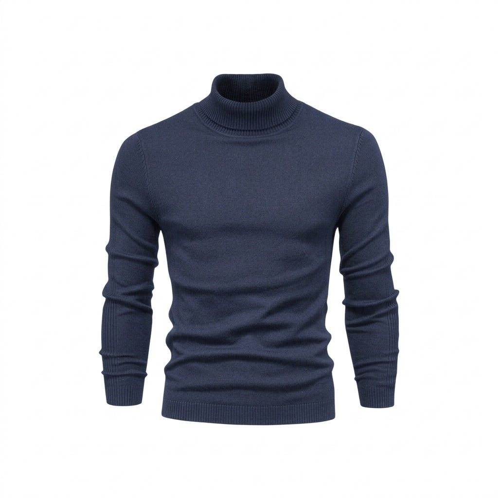 Rollkragenpullover Herren Basic – Leichter Strickpullover Slim – Dunkelblau – Vorderansicht