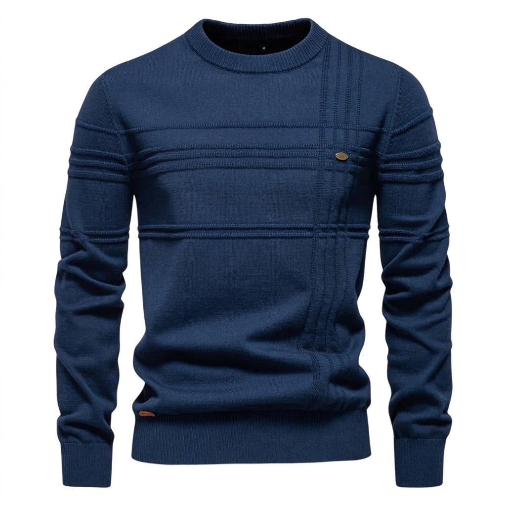 Strickpullover Herren Rundhals – Pullover mit Streifenstruktur – Dunkelblau – Vorderansicht