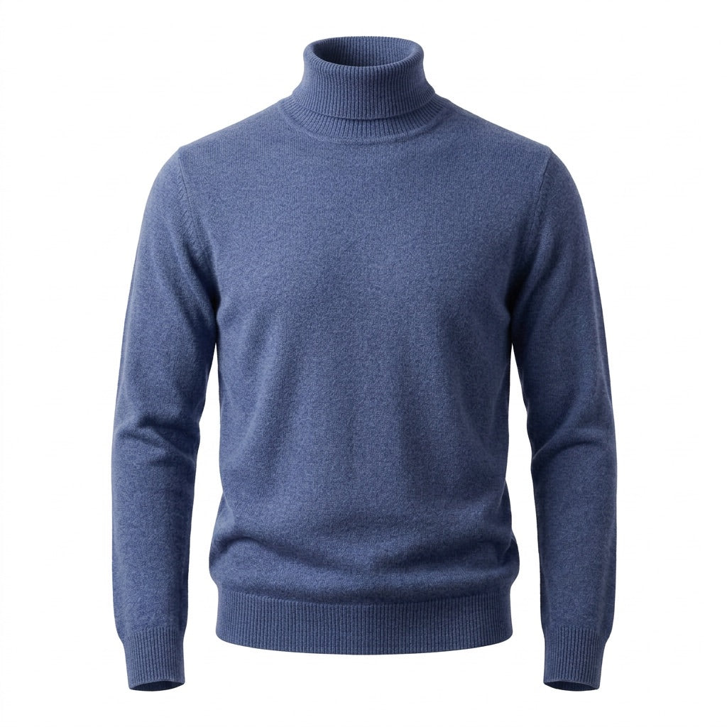 Rollkragenpullover Herren Feinstrick – Zeitloser Basic Pullover – Blau – Vorderansicht