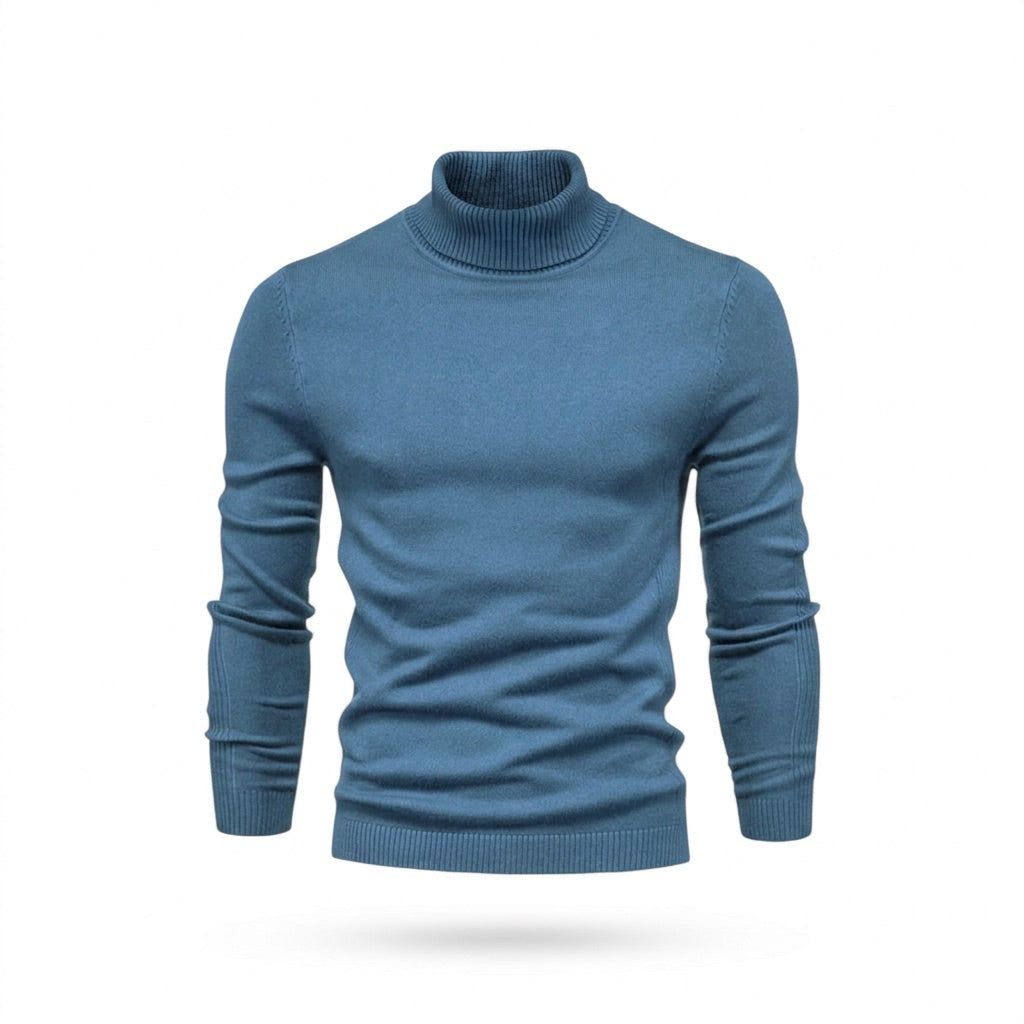 Rollkragenpullover Herren Basic – Leichter Strickpullover Slim – Blau – Vorderansicht